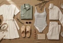 Sustainable clothing brands featuring eco-friendly women’s clothing, men’s fashion, and sustainable bathing suits arranged in a stylish flat lay.