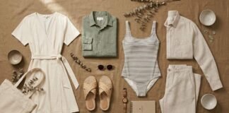 Sustainable clothing brands featuring eco-friendly women’s clothing, men’s fashion, and sustainable bathing suits arranged in a stylish flat lay.