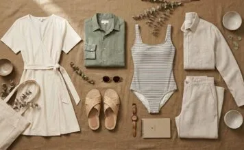 Best Sustainable Clothing Brands for Eco-Friendly Style Sustainable clothing brands featuring eco-friendly women’s clothing, men’s fashion, and sustainable bathing suits arranged in a stylish flat lay.