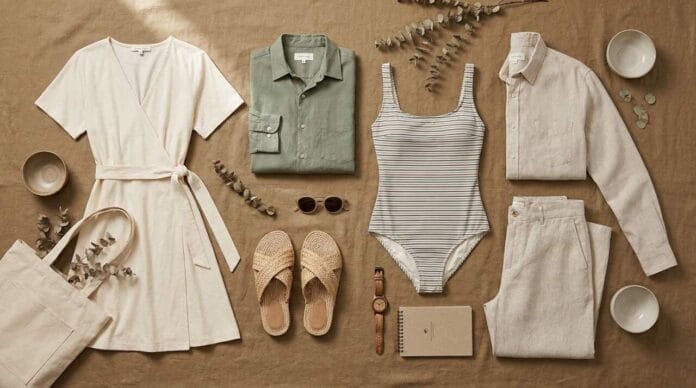 Sustainable clothing brands featuring eco-friendly women’s clothing, men’s fashion, and sustainable bathing suits arranged in a stylish flat lay.