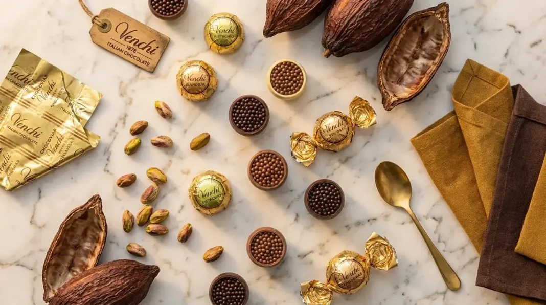 Venchi Chocoviar luxury Italian chocolate pralines with pistachios and cocoa on marble surface