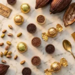 Venchi Chocoviar luxury Italian chocolate pralines with pistachios and cocoa on marble surface