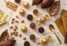 Venchi Chocoviar luxury Italian chocolate pralines with pistachios and cocoa on marble surface