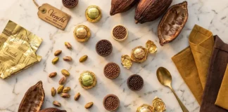 Venchi Chocoviar luxury Italian chocolate pralines with pistachios and cocoa on marble surface
