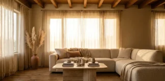 Warm, sunlit living room styled with organic home decor and aesthetics