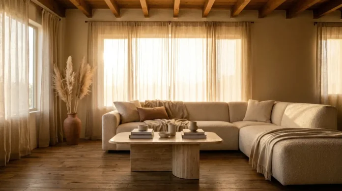 Warm, sunlit living room styled with organic home decor and aesthetics