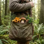 Best Foraging Bag & Mushroom Foraging Pouch Guide Waxed canvas mushroom foraging bag filled with wild mushrooms and herbs in a forest setting.