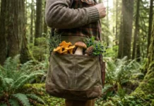 Waxed canvas mushroom foraging bag filled with wild mushrooms and herbs in a forest setting.