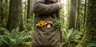 Best Foraging Bag & Mushroom Foraging Pouch Guide Waxed canvas mushroom foraging bag filled with wild mushrooms and herbs in a forest setting.
