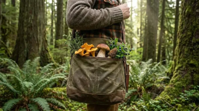 Waxed canvas mushroom foraging bag filled with wild mushrooms and herbs in a forest setting.