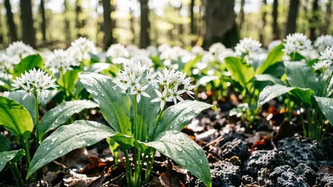 Wild garlic foraging — a carpet of broad green wild garlic leaves and white flowers growing in a shaded woodland in spring.