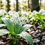 Wild garlic foraging — a carpet of broad green wild garlic leaves and white flowers growing in a shaded woodland in spring.