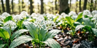 Wild Garlic Foraging: Identify, Harvest & Use It Safely Wild garlic foraging — a carpet of broad green wild garlic leaves and white flowers growing in a shaded woodland in spring.