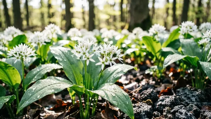 Wild garlic foraging — a carpet of broad green wild garlic leaves and white flowers growing in a shaded woodland in spring.