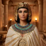 Cleopatra Costume Guide: Royal Egyptian Style Tips Woman wearing a royal Cleopatra costume with gold accessories and Egyptian queen makeup.