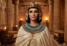 Woman wearing a royal Cleopatra costume with gold accessories and Egyptian queen makeup.
