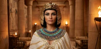 Cleopatra Costume Guide: Royal Egyptian Style Tips Woman wearing a royal Cleopatra costume with gold accessories and Egyptian queen makeup.