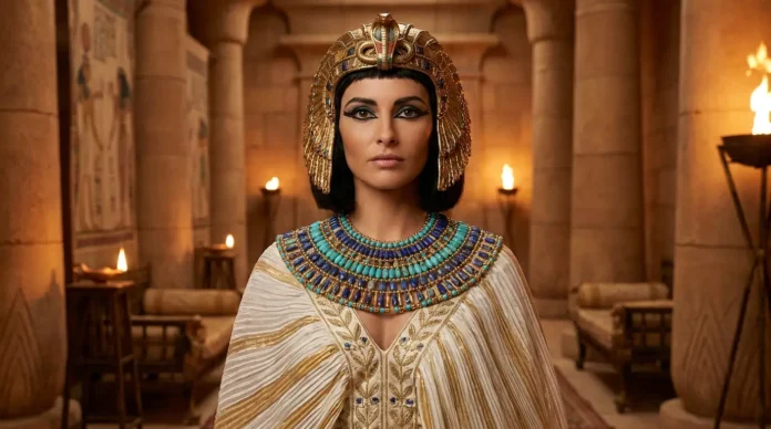 Woman wearing a royal Cleopatra costume with gold accessories and Egyptian queen makeup.