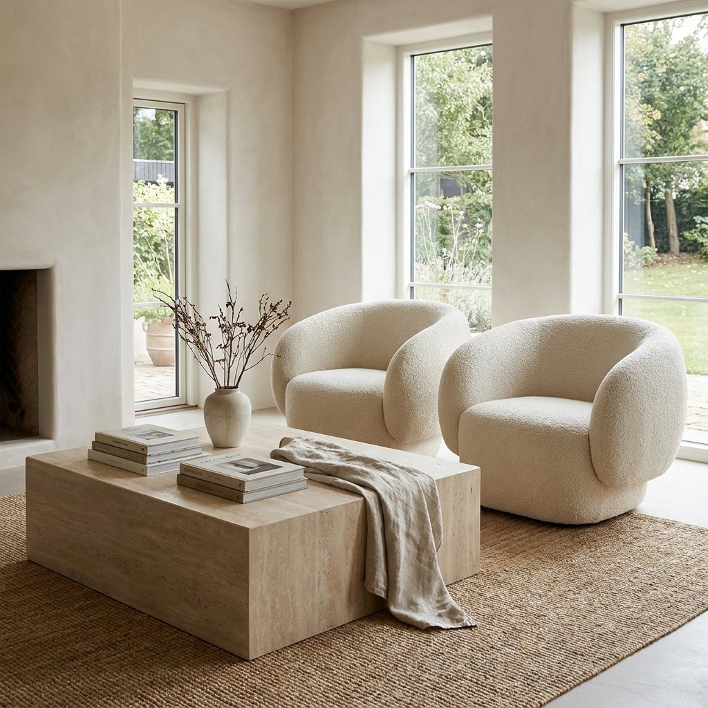 monolithic travertine coffee table with sculptural bouclé seating — editorial styling