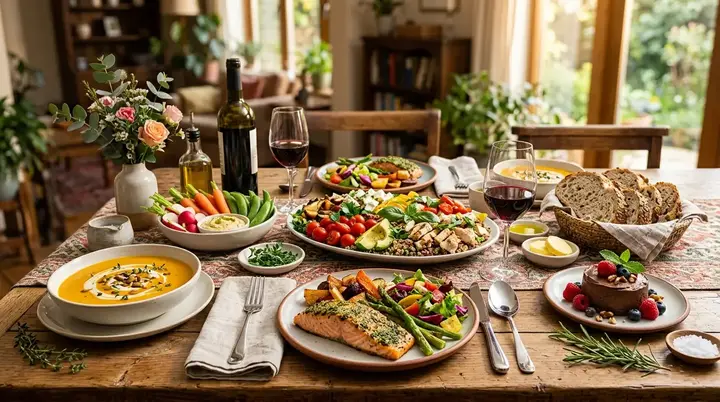 Beautiful gourmet food spread with fresh ingredients, soups, desserts, and healthy meals.