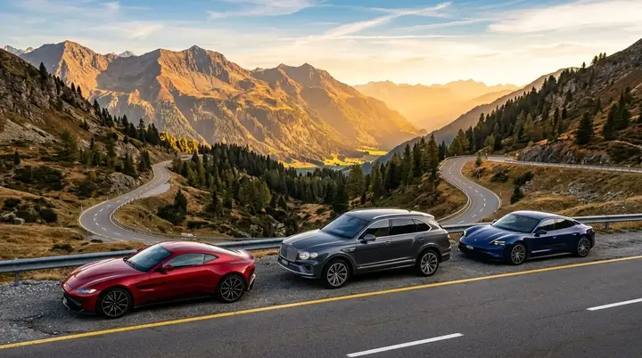 Luxury cars including a sports car, SUV, and electric vehicle on a scenic mountain road at sunset.