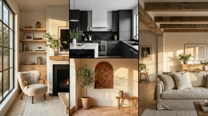 Luxury home interior showcasing multiple interior design styles including minimalist kitchen, Scandinavian nook, and Mediterranean warm decor.