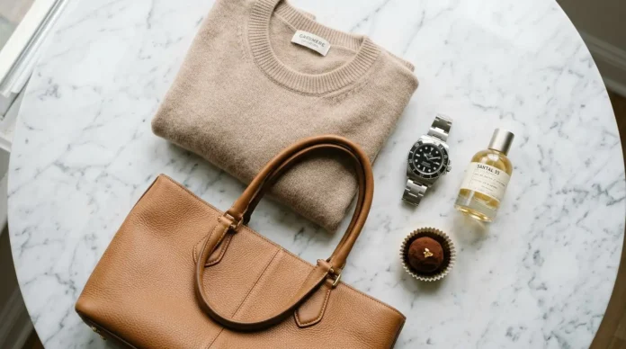 Luxury lifestyle essentials including designer bag, Rolex watch, cashmere, perfume, and premium chocolate on marble