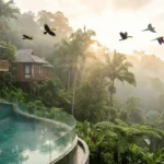 Rainforest Resorts: Best Jungle Retreats Worldwide Luxury rainforest resort villa surrounded by lush tropical jungle with infinity pool and misty sunrise view