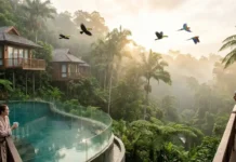 Rainforest Resorts: Best Jungle Retreats Worldwide Luxury rainforest resort villa surrounded by lush tropical jungle with infinity pool and misty sunrise view