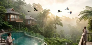Rainforest Resorts: Best Jungle Retreats Worldwide Luxury rainforest resort villa surrounded by lush tropical jungle with infinity pool and misty sunrise view