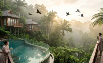 Rainforest Resorts: Best Jungle Retreats Worldwide Luxury rainforest resort villa surrounded by lush tropical jungle with infinity pool and misty sunrise view