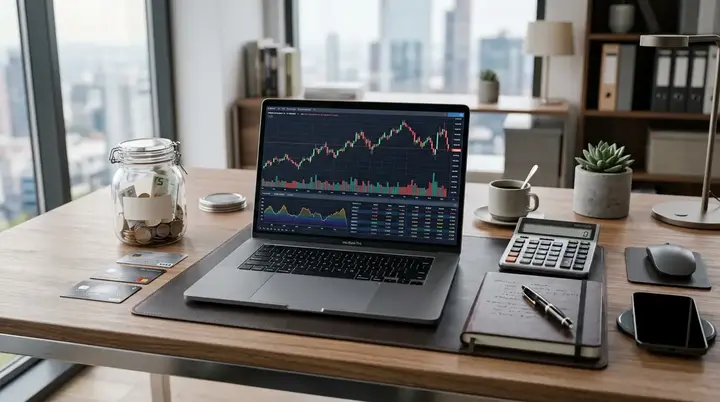 Modern financial planning workspace with investment charts, laptop, calculator, and budgeting tools.