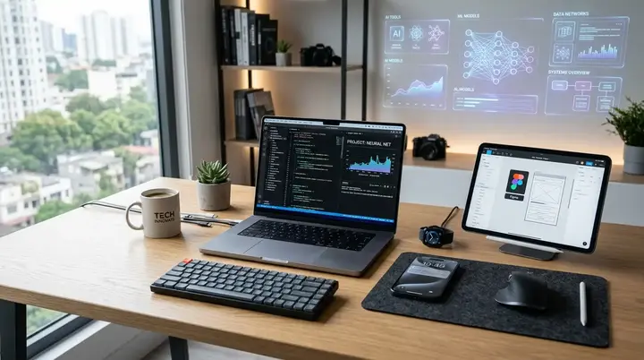 Modern technology workspace featuring laptop, smartphone, AI tools, and smart gadgets