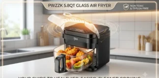 PwZzk 5.8QT Glass Air Fryer with transparent borosilicate glass basket cooking crispy fries and chicken in a modern kitchen.