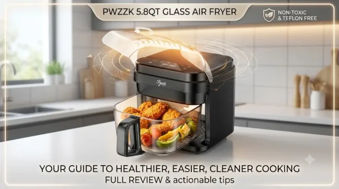 PwZzk 5.8QT Glass Air Fryer with transparent borosilicate glass basket cooking crispy fries and chicken in a modern kitchen.