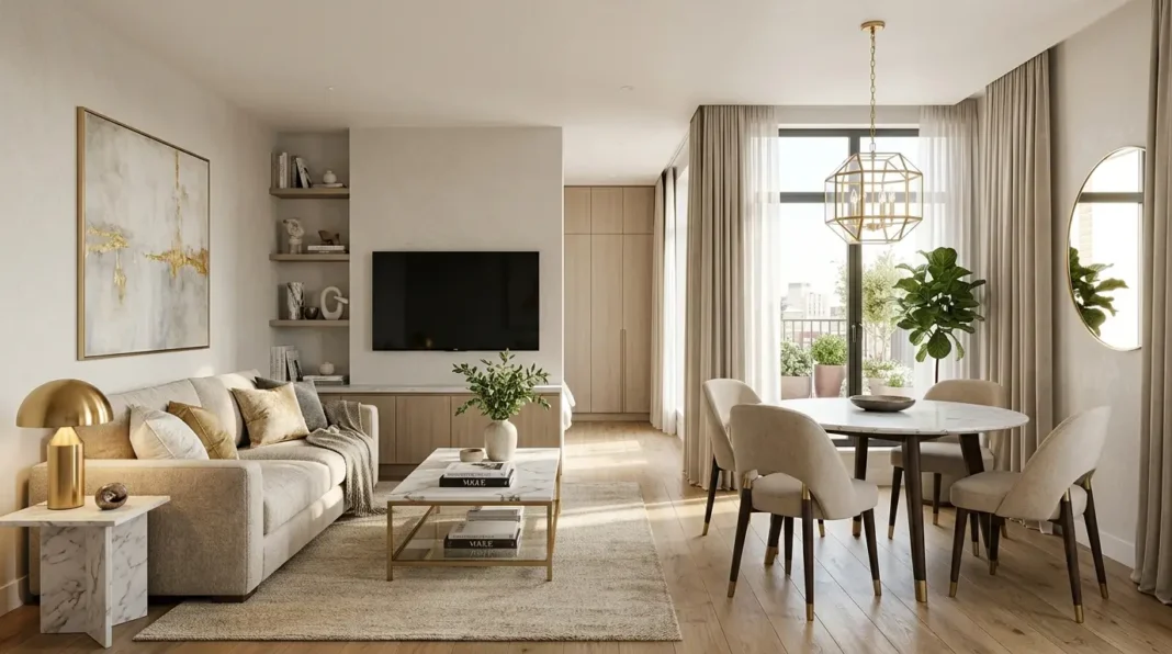Small Space Luxury Living featuring elegant furniture, smart storage, and high-end decor in a modern compact apartment.