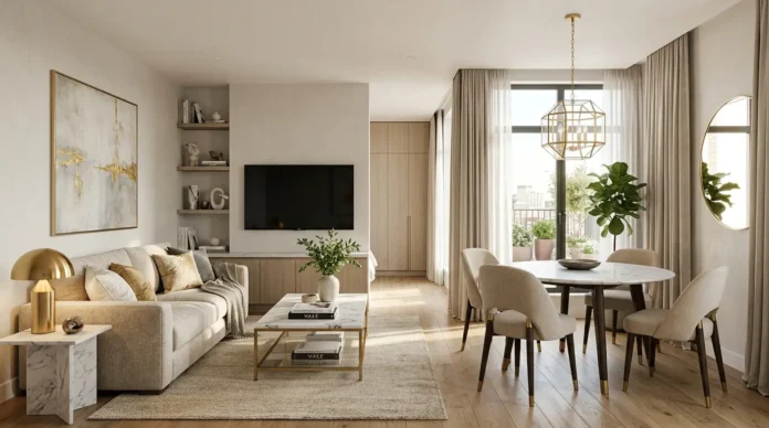 Small Space Luxury Living featuring elegant furniture, smart storage, and high-end decor in a modern compact apartment.