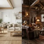 Farmhouse vs Rustic Interior Style Explained Split view of farmhouse vs rustic interior design living rooms showing light modern farmhouse style and dark cozy rustic cabin style.