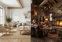 Farmhouse vs Rustic Interior Style Explained Split view of farmhouse vs rustic interior design living rooms showing light modern farmhouse style and dark cozy rustic cabin style.