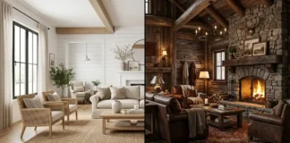 Farmhouse vs Rustic Interior Style Explained Split view of farmhouse vs rustic interior design living rooms showing light modern farmhouse style and dark cozy rustic cabin style.
