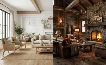 Farmhouse vs Rustic Interior Style Explained Split view of farmhouse vs rustic interior design living rooms showing light modern farmhouse style and dark cozy rustic cabin style.