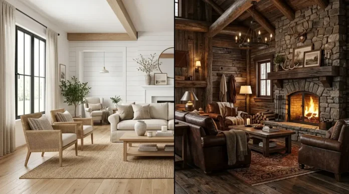 Split view of farmhouse vs rustic interior design living rooms showing light modern farmhouse style and dark cozy rustic cabin style.