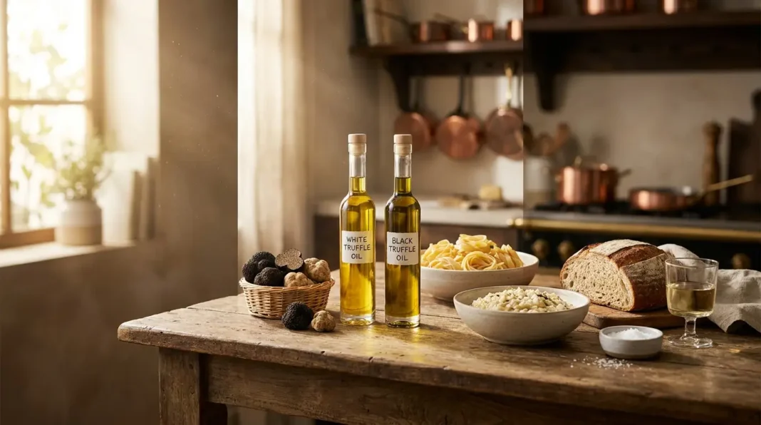 best truffle oil bottles with fresh truffles and gourmet dishes on a rustic kitchen table.