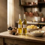 best truffle oil bottles with fresh truffles and gourmet dishes on a rustic kitchen table.