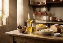 Best Truffle Oil Guide: White & Black Truffle Oils best truffle oil bottles with fresh truffles and gourmet dishes on a rustic kitchen table.