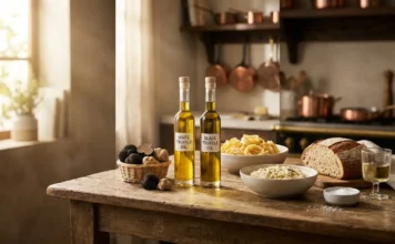 best truffle oil bottles with fresh truffles and gourmet dishes on a rustic kitchen table.