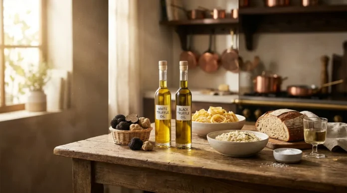 best truffle oil bottles with fresh truffles and gourmet dishes on a rustic kitchen table.