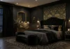 27 Black Nouveau Bedroom Ideas for Luxury Style Elegant Black Nouveau bedroom featuring matte black walls, a curved velvet headboard, brass lighting, marble nightstands, and luxurious hotel-inspired décor.