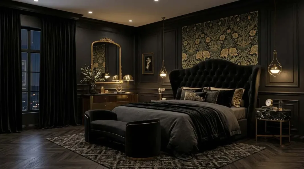 27 Black Nouveau Bedroom Ideas for a Luxury Hotel Look Elegant Black Nouveau bedroom featuring matte black walls, a curved velvet headboard, brass lighting, marble nightstands, and luxurious hotel-inspired décor.