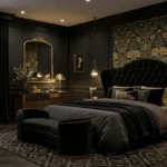 27 Black Nouveau Bedroom Ideas for Luxury Style Elegant Black Nouveau bedroom featuring matte black walls, a curved velvet headboard, brass lighting, marble nightstands, and luxurious hotel-inspired décor.